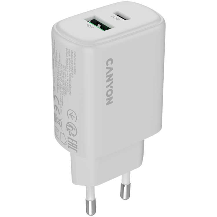 Canyon OnCharge 200 20W 1xPD 1xQC зарядно устройство бял артикул CNE-CHA200-21 Canyon OnCharge 200 20W 1xPD 1xQC зарядно устройство бял артикул CNE-CHA200-21