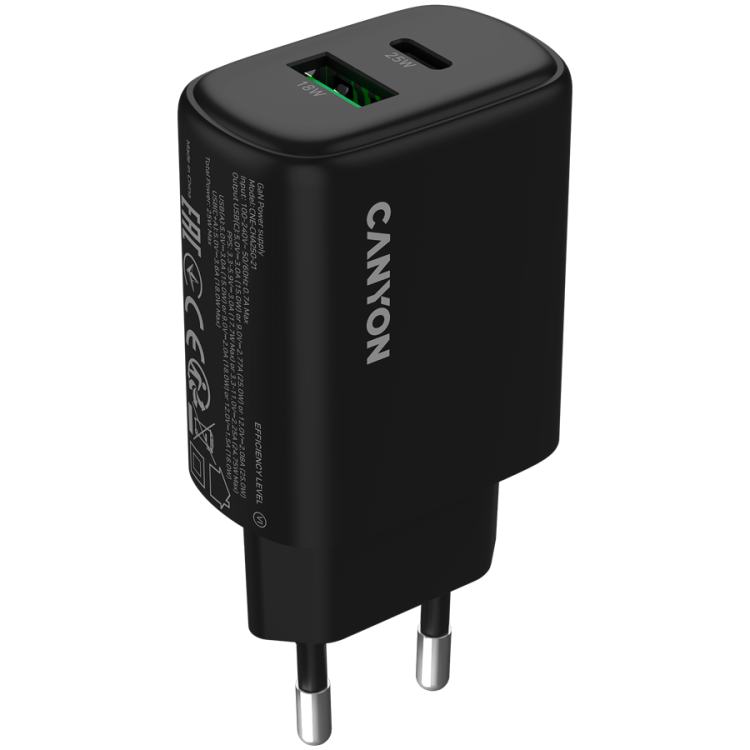 Canyon OnCharge 250 25W 1xPD 1xQC зарядно устройство черен артикул CNE-CHA250-31