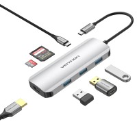 Vention USB Type-C къмTOJHB - HDMI x 1, USB3.0 x 3, USB-C PD100W x 1, SD/TF докинг станция