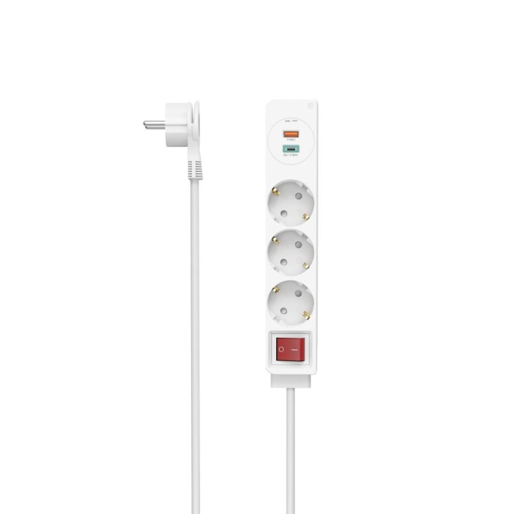 HAMA Разклонител  USB-C/USB-A 3.4A, 3 гнезда, 2x USB, PD/Quick charge, макс 18W,1.4м, 3680W, бял артикул HAMA-223185
